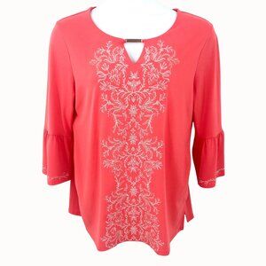 JM Collection Coral Bell Sleeve Top W/ Metallic Embroidery & Keyhole Accent Top